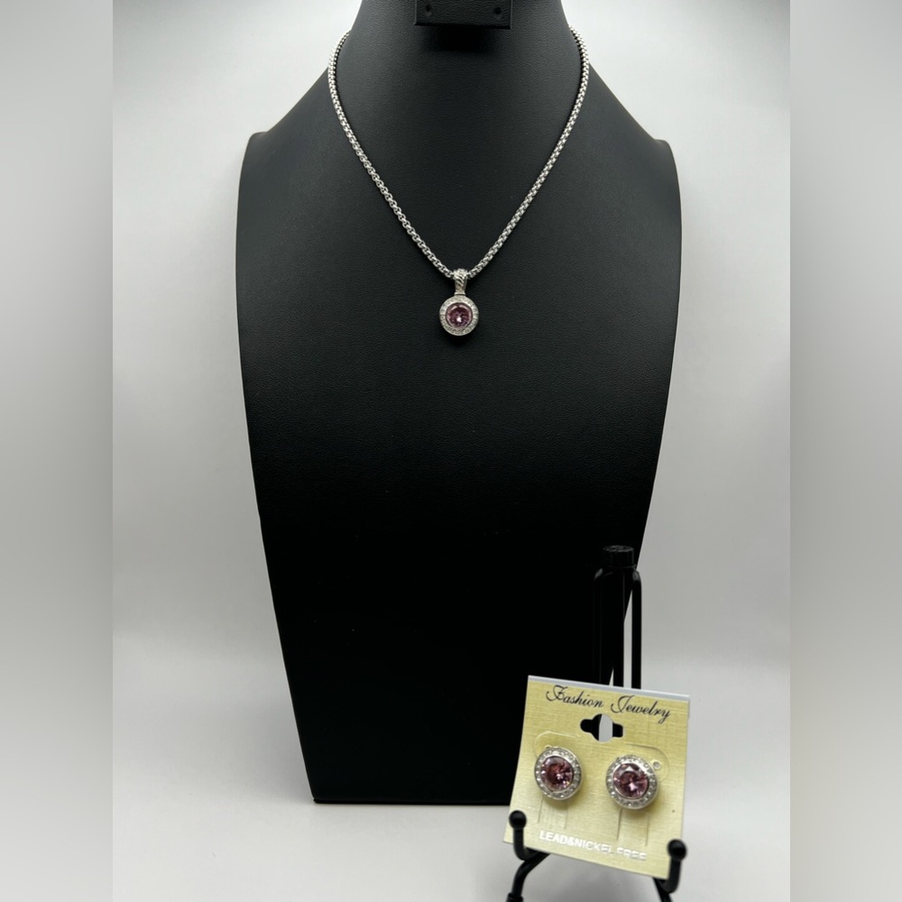 Pink Necklace and Earrings Set Silver tone